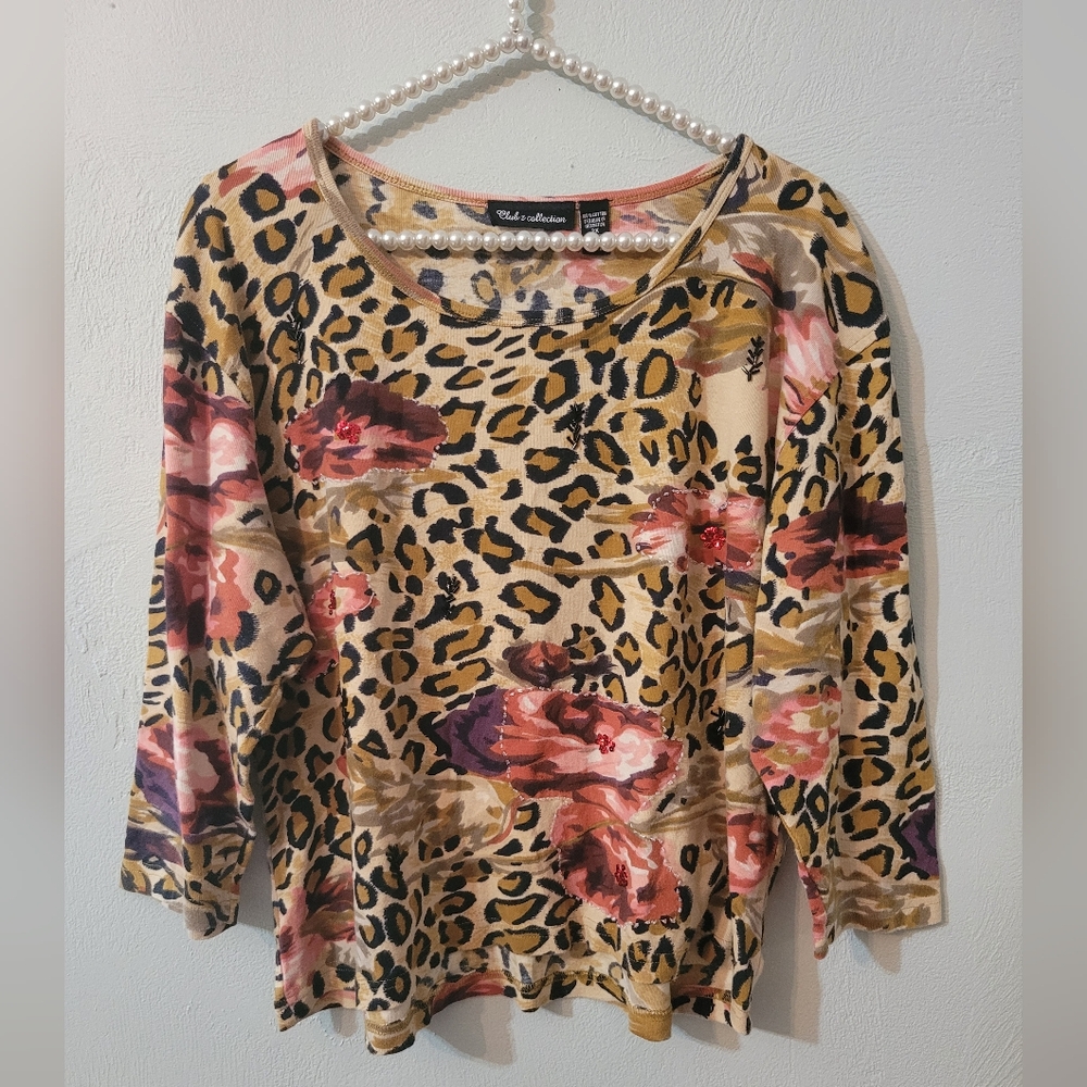 Vintage Unique 100% Cotton Floral Leopard Print Blouse - Plus Size!!!